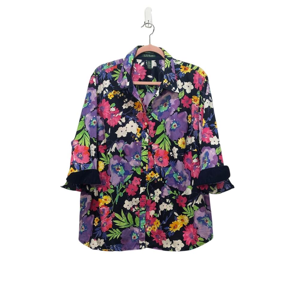 LAUREN Ralph Lauren Floral Button Up Blouse Colorful 3X 100% Cotton Lightweight